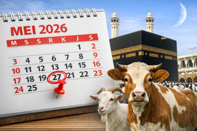 Ilustrasi prediksi Lebaran Haji 2026 yang diperkirakan jatuh pada 27 Mei, ditandai pada kalender dengan latar Ka’bah dan hewan kurban.