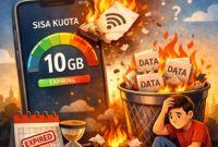 Ilustrasi kuota internet hangus yang sering dikeluhkan pengguna, menggambarkan sisa data yang tidak terpakai dan akhirnya hilang saat masa aktif berakhir.