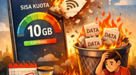 Ilustrasi kuota internet hangus yang sering dikeluhkan pengguna, menggambarkan sisa data yang tidak terpakai dan akhirnya hilang saat masa aktif berakhir.