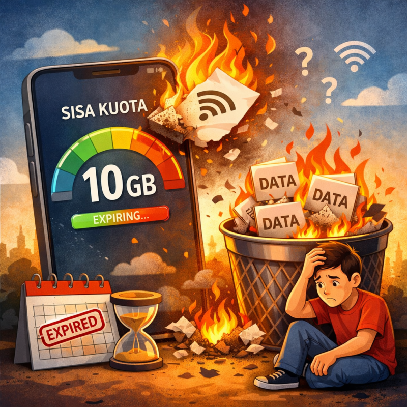 Ilustrasi kuota internet hangus yang sering dikeluhkan pengguna, menggambarkan sisa data yang tidak terpakai dan akhirnya hilang saat masa aktif berakhir.