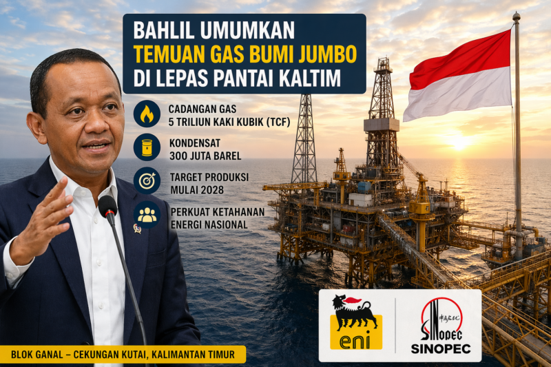 Ilustrasi temuan cadangan gas bumi jumbo di lepas pantai Kalimantan Timur yang melibatkan aktivitas eksplorasi migas oleh perusahaan energi di wilayah Blok Ganal, dengan potensi cadangan mencapai 5 triliun kaki kubik.