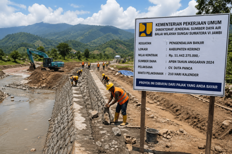 Proyek pengendalian banjir di Kabupaten Kerinci yang digarap BWSS VI Jambi menjadi bagian penguatan infrastruktur mitigasi bencana dan perlindungan kawasan rawan banjir.