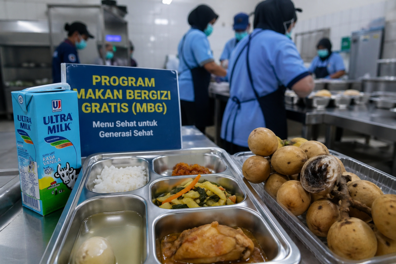 Petugas dapur program MBG di Kerinci menyiapkan makanan untuk dibagikan, di tengah sorotan dugaan penyajian susu berperisa dan buah yang tidak layak konsumsi.