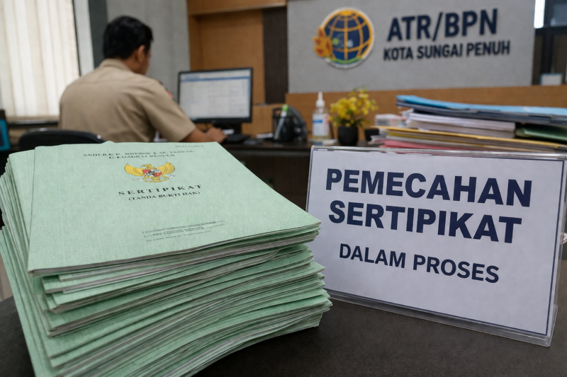 Warga mengurus sertifikat tanah di kantor ATR/BPN Kota Sungai Penuh, namun proses pemecahan sertifikat dilaporkan berjalan lambat hingga lebih dari satu tahun.