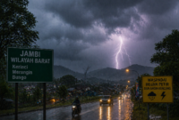 Ilustrasi cuaca jambi hujan petir di wilayah barat seperti Kerinci Merangin dan Bungo saat malam hari