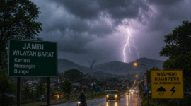 Ilustrasi cuaca jambi hujan petir di wilayah barat seperti Kerinci Merangin dan Bungo saat malam hari