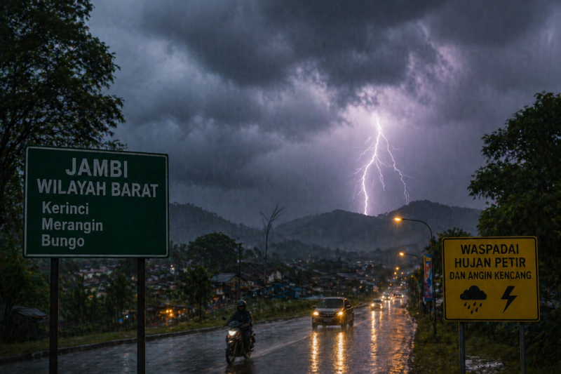 Ilustrasi cuaca jambi hujan petir di wilayah barat seperti Kerinci Merangin dan Bungo saat malam hari