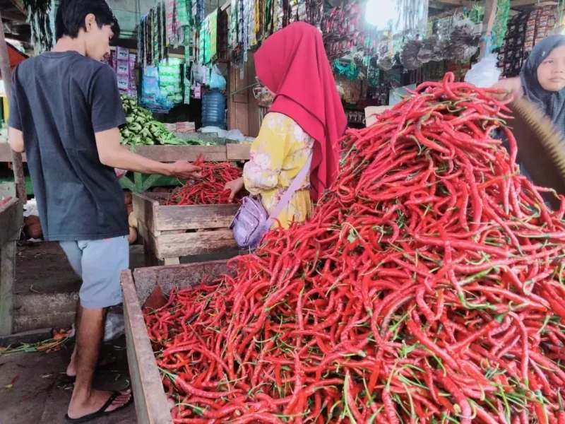Tingginya harga cabai merah di Pasar Tanjung Bajure membuat ibu rumah tanggai mengurangi porsi belanja. (dok/metrojambi.com)