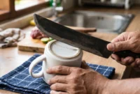 Pelajari cara mengasah pisau kurban dengan barang dapur sederhana seperti cangkir keramik, amplas, dan batu bata. Praktis, cepat, dan bisa dilakukan di rumah tanpa alat khusus.( Poto : brilio.net ).