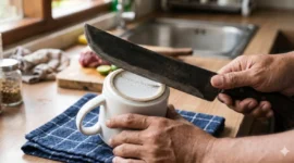 Pelajari cara mengasah pisau kurban dengan barang dapur sederhana seperti cangkir keramik, amplas, dan batu bata. Praktis, cepat, dan bisa dilakukan di rumah tanpa alat khusus.( Poto : brilio.net ).