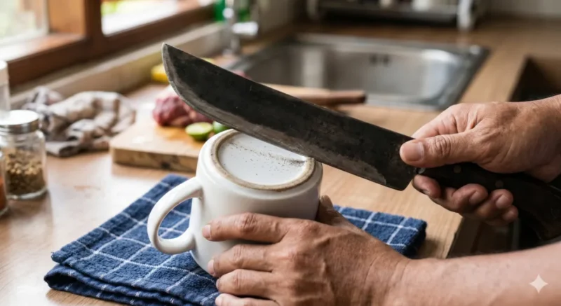 Pelajari cara mengasah pisau kurban dengan barang dapur sederhana seperti cangkir keramik, amplas, dan batu bata. Praktis, cepat, dan bisa dilakukan di rumah tanpa alat khusus.( Poto : brilio.net ).