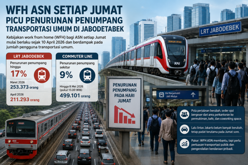 Kebijakan WFH ASN setiap Jumat memicu penurunan jumlah penumpang transportasi umum di Jabodetabek. LRT Jabodebek turun 17 persen dan Commuter Line turun 9 persen.( ilustrasi Poto : AI ).
