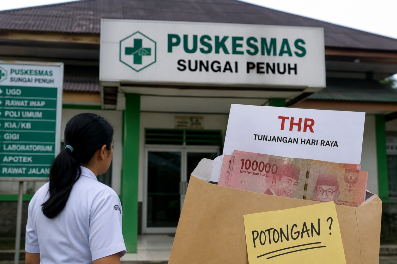 Seorang tenaga kesehatan berdiri di depan Puskesmas Sungai Penuh dengan ilustrasi amplop THR, menggambarkan dugaan potongan tunjangan dan tekanan terhadap pegawai.