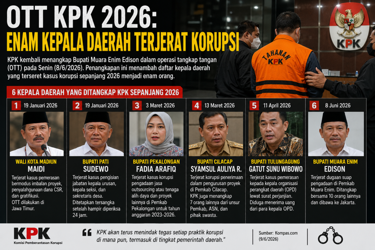 Enam Kepala daerah terjaring OTT KPK Januari-Juni 2026( poto : chatGPT )
