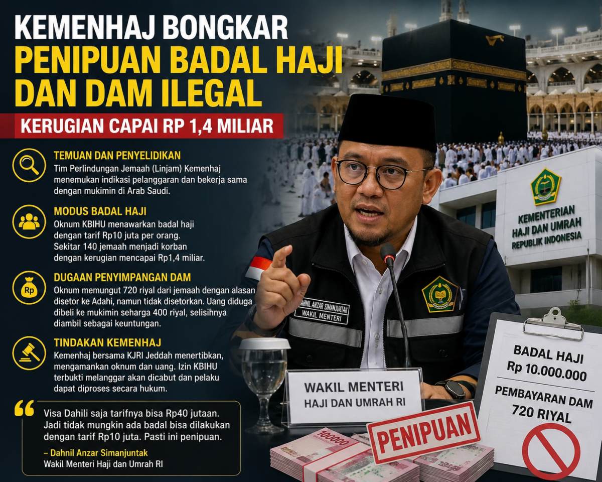Kementerian Haji dan Umrah Republik Indonesia mengungkap kasus penipuan badal haji( poto : chatGPT ).