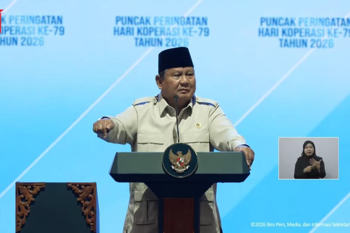 Presiden RI Prabowo Subianto saat menghadiri puncak peringatan Hari Koperasi ke-79 di Indonesia Arena, Senayan, Jakarta, Minggu (12/7/2026). (Dok. YouTube Setpres)