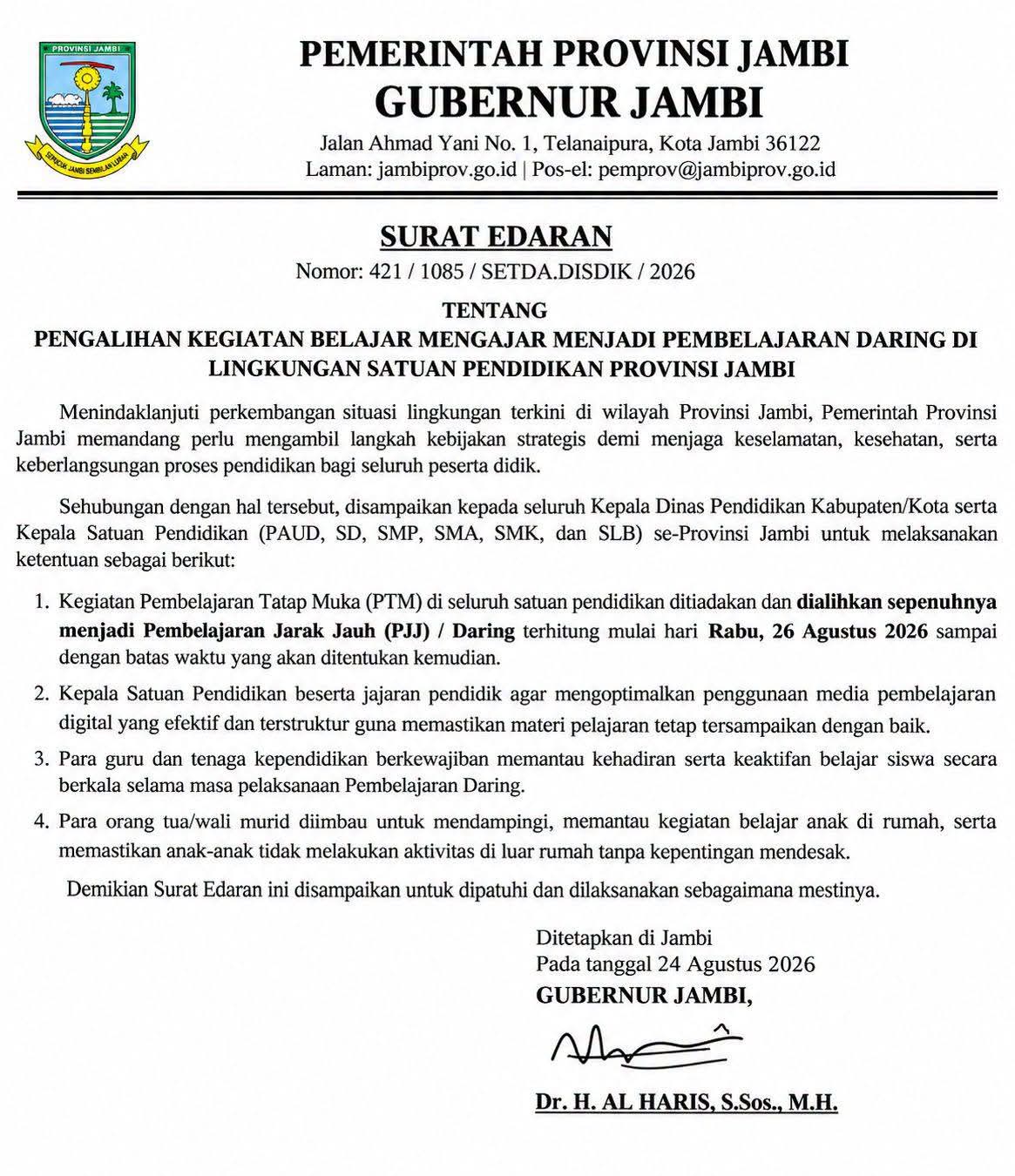 Surat edaran Gubernur Jambi(poto: istimewa).