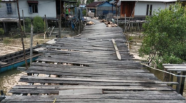 Jerambah kayu Kuala Baru di Parit Sapat RT 02, Dusun Rawai Jaya, Desa Kuala Baru, Kecamatan Seberang Kota, Kabupaten Tanjung Jabung Barat, mengalami kerusakan parah.(poto: istimewa).