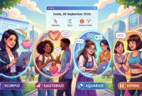 Sejumlah zodiak beruntung hari ini diprediksi bakal merasakan limpahan energi positif saat mengawali pekan pada Senin, 28 September 2026.( ilustrasi poto: AI).