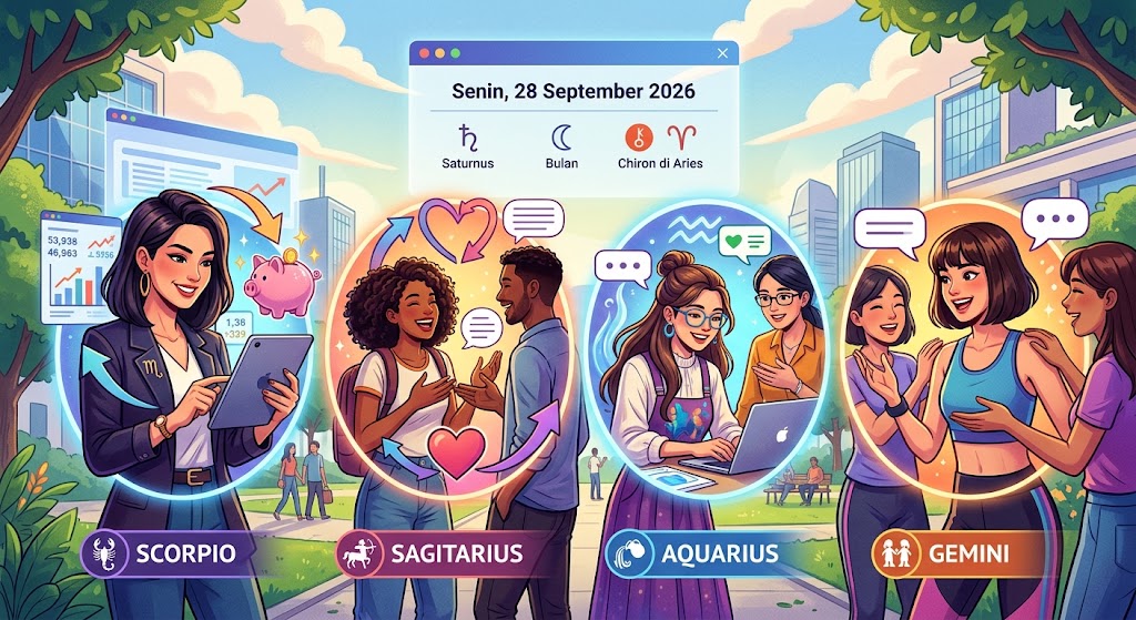 Sejumlah zodiak beruntung hari ini diprediksi bakal merasakan limpahan energi positif saat mengawali pekan pada Senin, 28 September 2026.( ilustrasi poto: AI).
