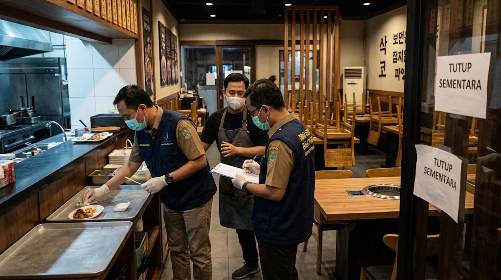 Ilustrasi: Petugas dinkes dan BPOM selidiki dapur restoran Korea di Bandung usai ratusan konsumen diduga keracunan, Rabu (7/10).(poto: AI).