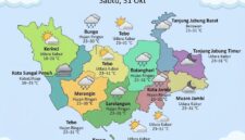 Peta prakiraan cuaca kabupaten dan kota di Provinsi Jambi untuk Sabtu, 31 Oktober.(poto: AI)).
