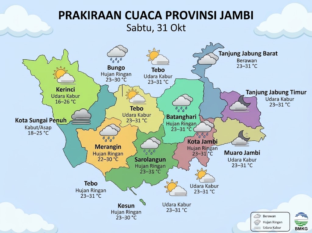 Peta prakiraan cuaca kabupaten dan kota di Provinsi Jambi untuk Sabtu, 31 Oktober.(poto: AI)).