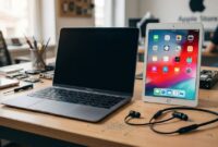 Ilustasi: Tiga produk Apple yang usang: MacBook 12 inci 2017, iPad generasi ke-6, dan BeatsX di meja servis.(poto: AI).