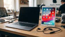 Ilustasi: Tiga produk Apple yang usang: MacBook 12 inci 2017, iPad generasi ke-6, dan BeatsX di meja servis.(poto: AI).