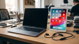 Ilustasi: Tiga produk Apple yang usang: MacBook 12 inci 2017, iPad generasi ke-6, dan BeatsX di meja servis.(poto: AI).