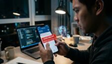 ilustrasi visual yang menggambarkan situasi di mana akses agen AI yang tidak sah terdeteksi dan diblokir pada aplikasi perbankan.(poto: AI).