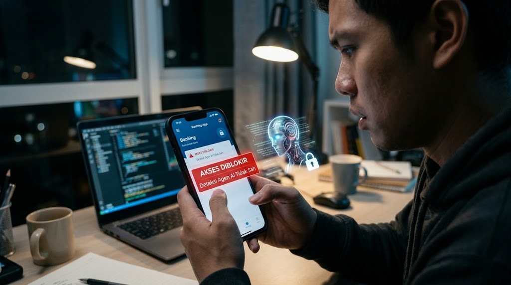 ilustrasi visual yang menggambarkan situasi di mana akses agen AI yang tidak sah terdeteksi dan diblokir pada aplikasi perbankan.(poto: AI).
