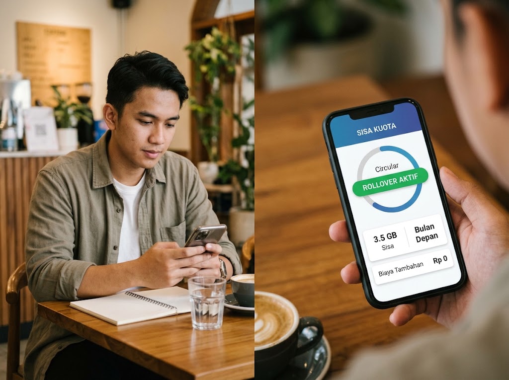 Ilustrasi: Pelanggan memeriksa fitur rollover kuota internet di ponsel tanpa beban biaya tambahan tarif paket data.(poto: AI).
