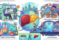 Ilustrasi faktor pemicu perlemakan hati akibat konsumsi makanan cepat saji, minuman manis, dan gaya hidup minim gerak.(poto: AI).