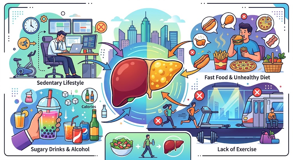 Ilustrasi faktor pemicu perlemakan hati akibat konsumsi makanan cepat saji, minuman manis, dan gaya hidup minim gerak.(poto: AI).