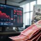 Ilustrasi nilai tukar rupiah melemah terhadap dolar AS di tengah layar pergerakan grafik pasar keuangan yang memerah.(poto: AI).