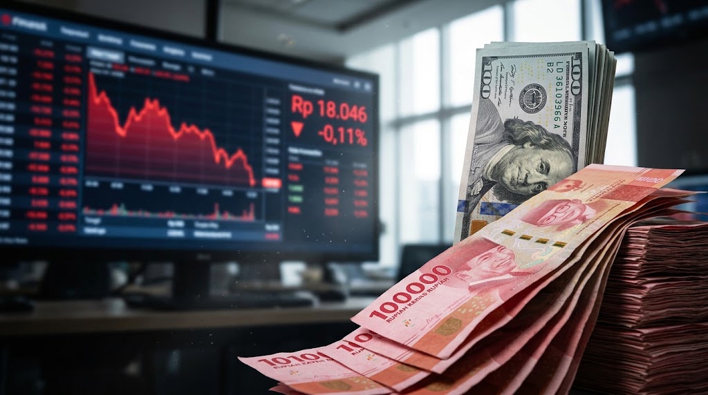 Ilustrasi nilai tukar rupiah melemah terhadap dolar AS di tengah layar pergerakan grafik pasar keuangan yang memerah.(poto: AI).