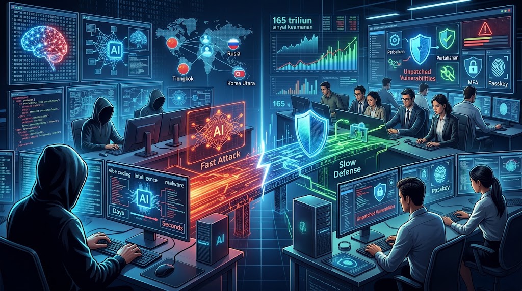 Ilustrasi persaingan siber: hacker lebih cepat memanfaatkan AI ketimbang tim keamanan yang tertinggal dalam merespons.(poto: AI).