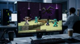 Simulasi empat agen AI Gemini saat berkoordinasi melawan Ender Dragon di game Minecraft.(poto: oegopost.id).