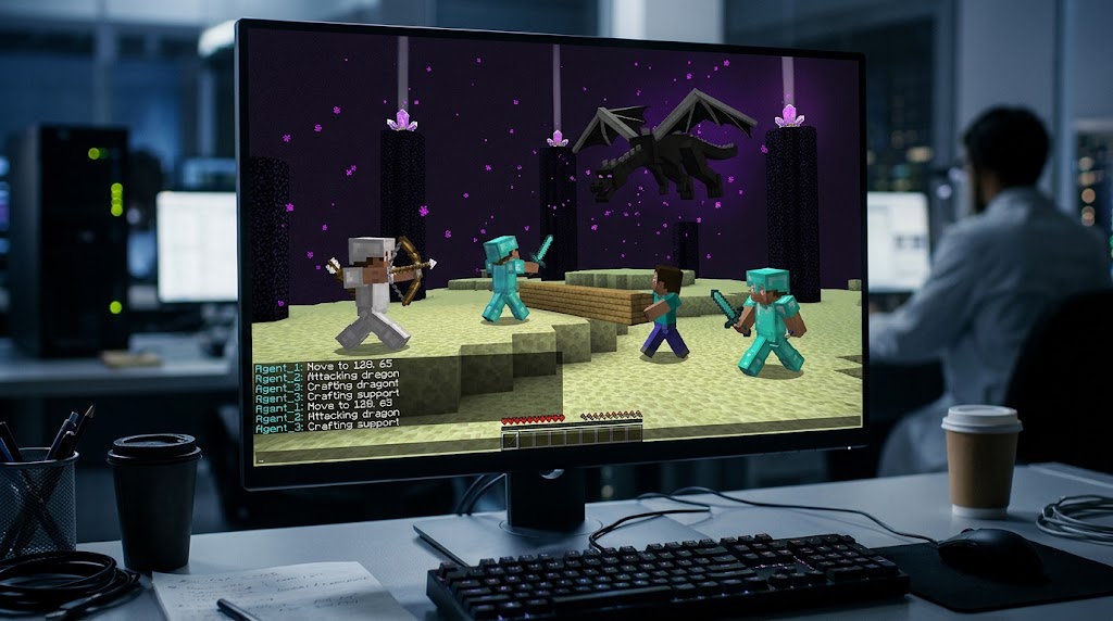 Simulasi empat agen AI Gemini saat berkoordinasi melawan Ender Dragon di game Minecraft.(poto: oegopost.id).