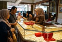 Pelayan toko emas di Jambi menunjukkan kalung perhiasan kepada pembeli di depan etalase berkilau penuh perhiasan.(ilustrasi poto: AI).