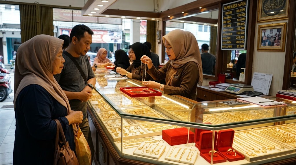 Pelayan toko emas di Jambi menunjukkan kalung perhiasan kepada pembeli di depan etalase berkilau penuh perhiasan.(ilustrasi poto: AI).