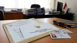 Ilustrasi Berkas SK pengangkatan dan kartu identitas pegawai di meja kerja instansi pemerintah terkait alih status PPPK ke PNS.(poto: AI).