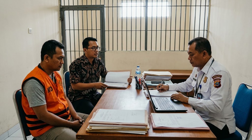 Ilustrasi Penyidik memeriksa tersangka MD didampingi kuasa hukum di Lapas Kelas IIA Jambi terkait dugaan TPPU seleksi Bintara Polri.(poto: AI).
