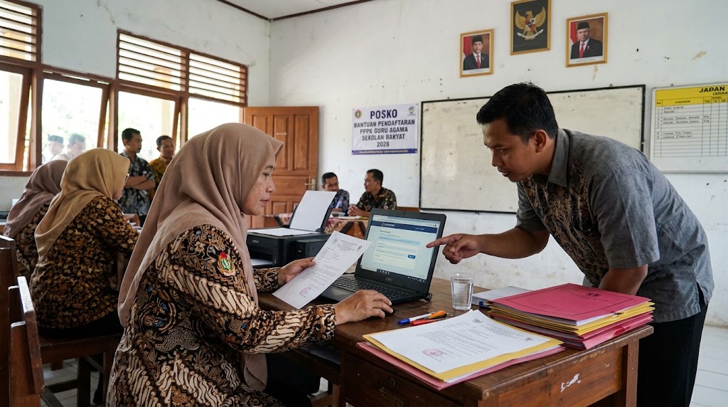 Ilustrasi: Guru memeriksa berkas pendaftaran seleksi PPPK Guru Agama Sekolah Rakyat 2026 melalui portal resmi SSCASN.(poto: AI).