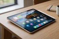 Desain tipis iPad mini 8 berlayar OLED tergeletak elegan di atas meja kerja kayu dengan stylus terpasang rapi di samping.(ilustrasi poto: AI).
