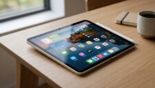 Desain tipis iPad mini 8 berlayar OLED tergeletak elegan di atas meja kerja kayu dengan stylus terpasang rapi di samping.(ilustrasi poto: AI).