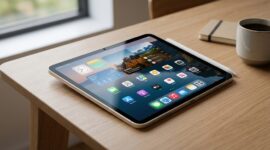 Desain tipis iPad mini 8 berlayar OLED tergeletak elegan di atas meja kerja kayu dengan stylus terpasang rapi di samping.(ilustrasi poto: AI).