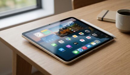 Ilustrasi Tablet iPad mini ramping dengan layar OLED menyala di atas meja kayu, lengkap dengan pena stylus putih di sisi bodi perangkat.
