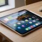 Desain tipis iPad mini 8 berlayar OLED tergeletak elegan di atas meja kerja kayu dengan stylus terpasang rapi di samping.(ilustrasi poto: AI).